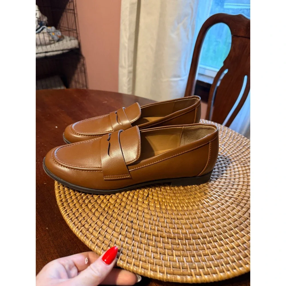 Kensie Womens Cognac Brown Faux Leather Penny Loafers Classic Slip On Flats